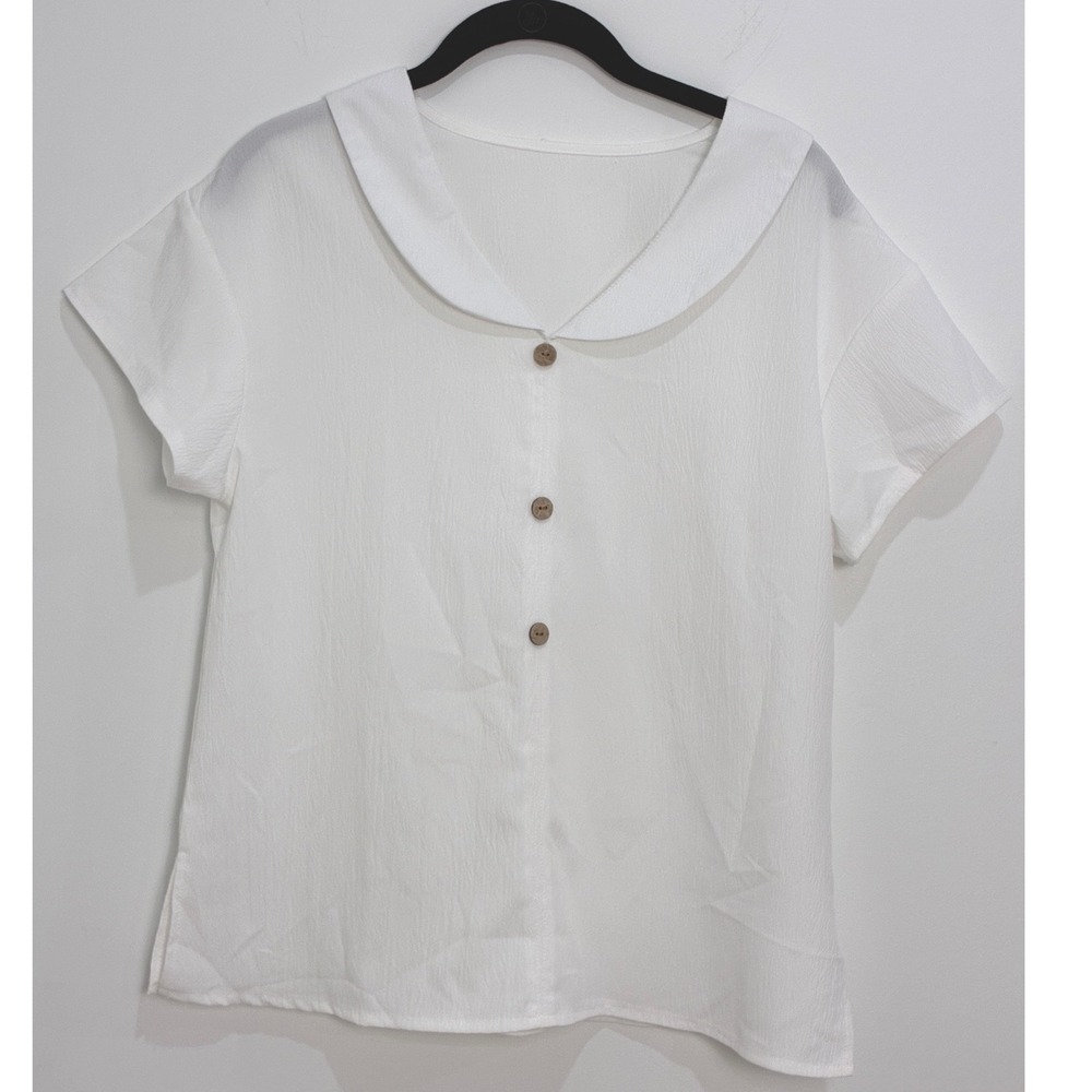Cottagecore Peter Pan Collar Blouse White Textured Short Sleeve Top Large